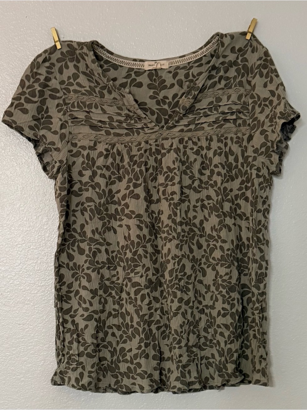 Mason & Belle M Sage Green Botanical Rayon Blouse Lace Pintuck Boho Top